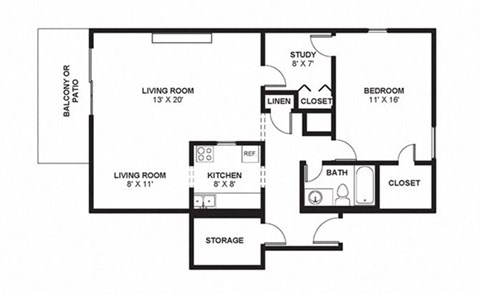 Floor plan for 1 bed, 1 bath, 990 sqft